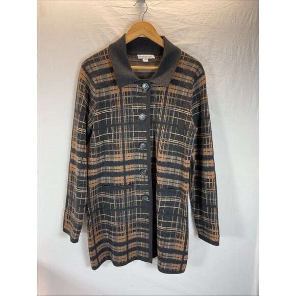 Pendleton Womens duster button down Cardigan Merino Wool size M Black tan plaid - Picture 1 of 9